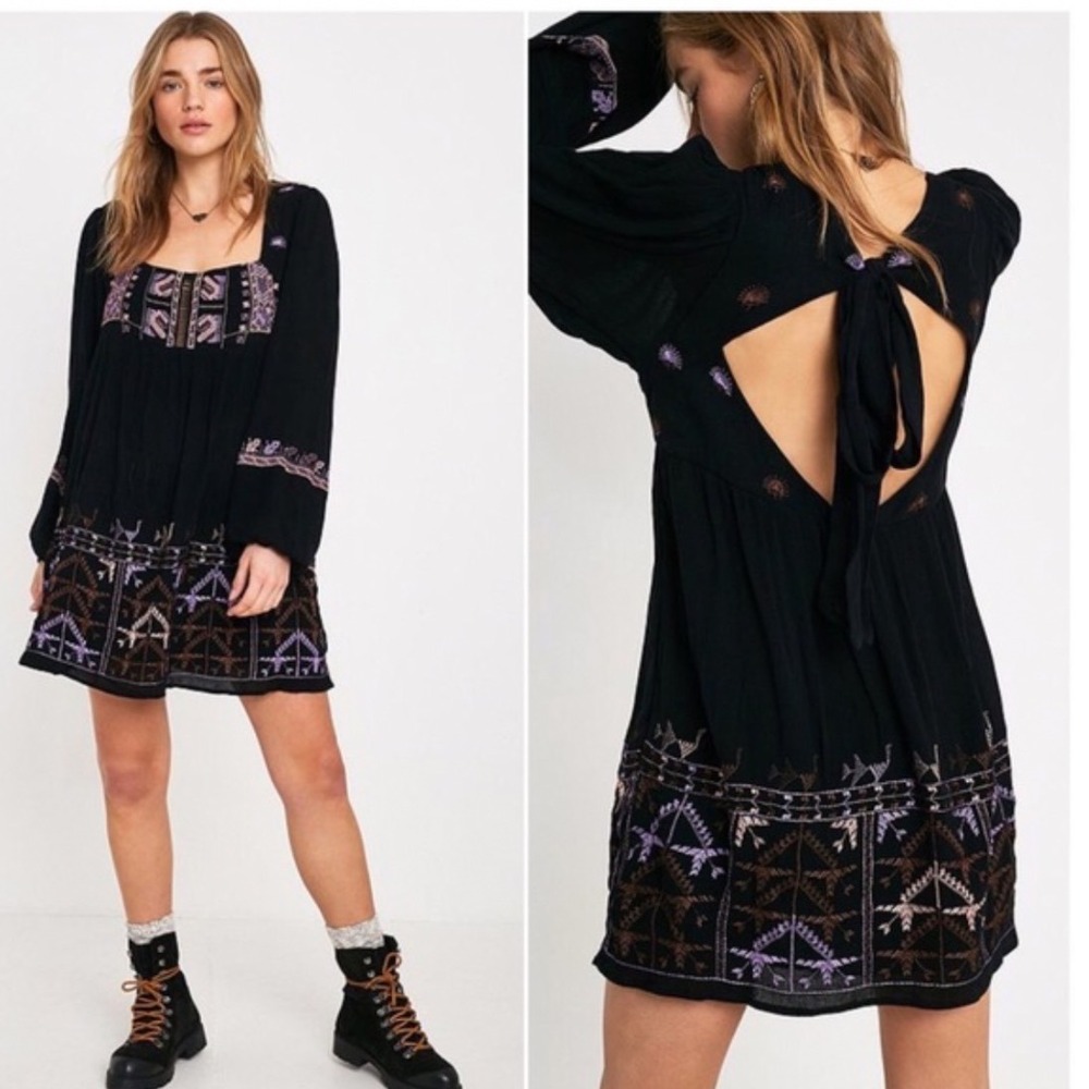 Free People Rhiannon Embroidered Mini Dress Black Purple Boho Open Back Small
